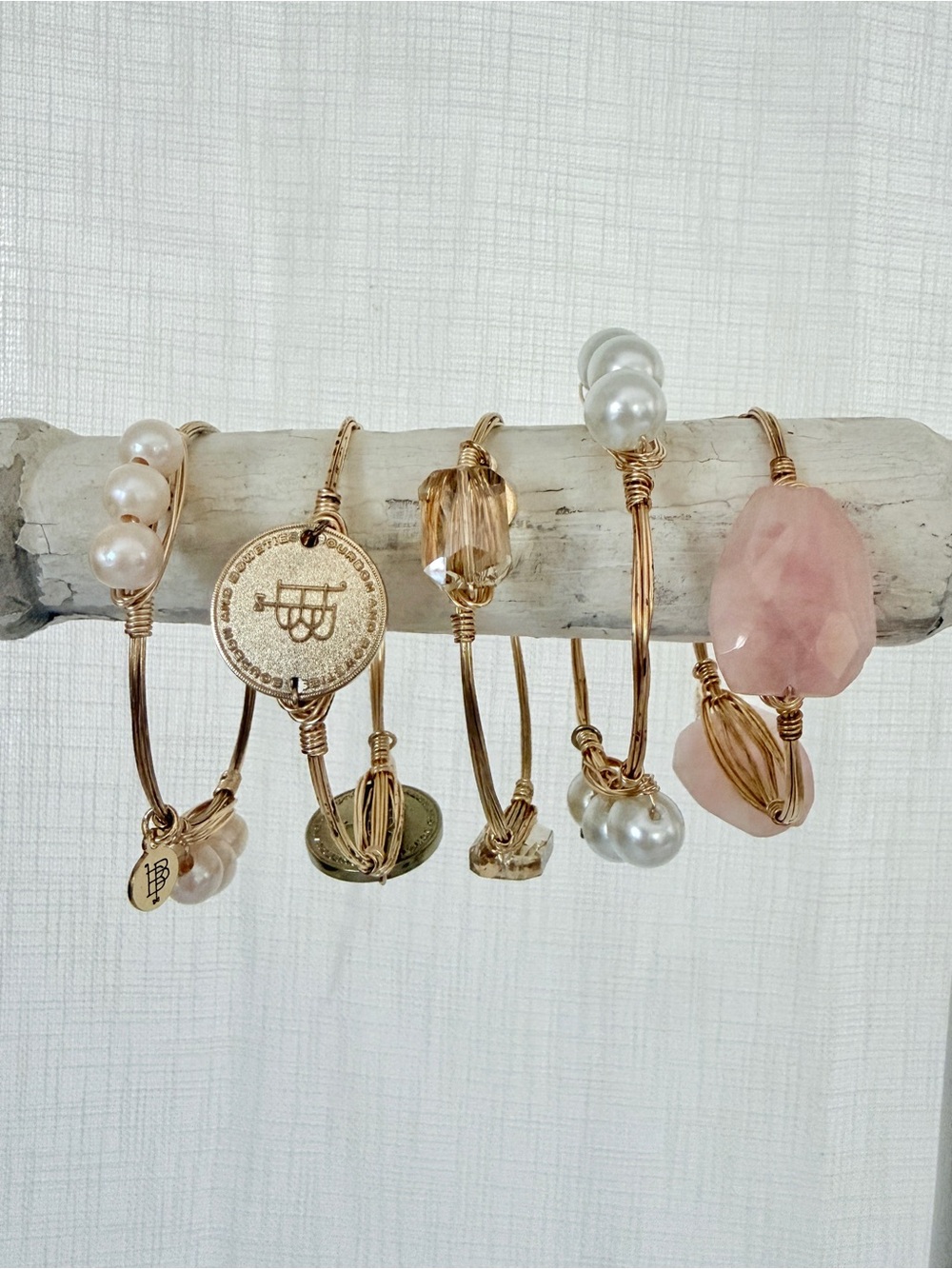Bourbon & Boweties 5-Pc Bangle Stack | Sig Coin, Rose Quartz, Pearl, Crystal